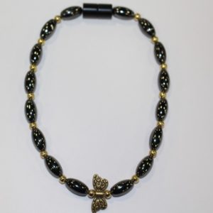 Magnetic Hematite Single Anklet - Dragonfly Center Stone, Gold Beads