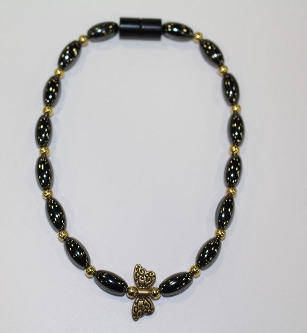 Magnetic Hematite Single Anklet - Dragonfly Center Stone, Gold Beads