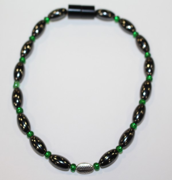 Magnetic Hematite Single Anklet - Leaf Center Stone, Green Beads