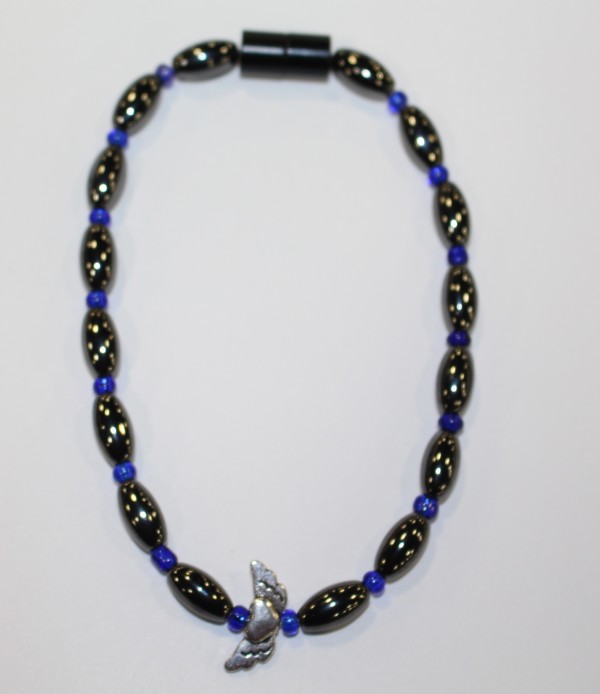 Magnetic Hematite Single Anklet - Winged Heart Center Stone, Blue Beads