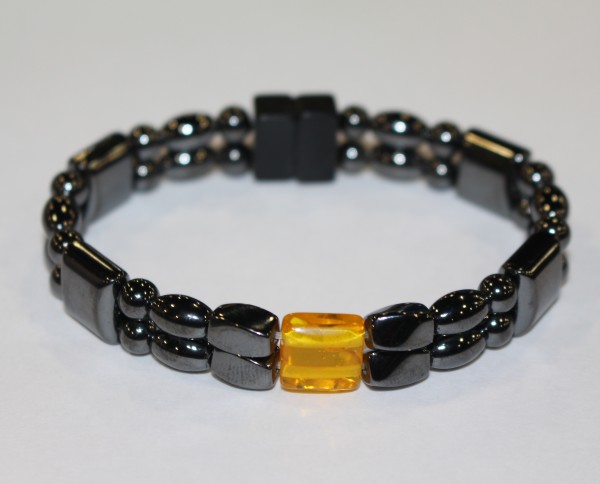 Magnetic Hematite Double Bracelet - Amber Center StoneMagnetic Hematite Double Bracelet - Amber Center Stone