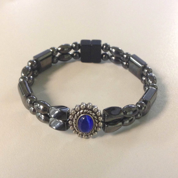 Magnetic Hematite Bracelet: Double Strand–Blue Center Stone