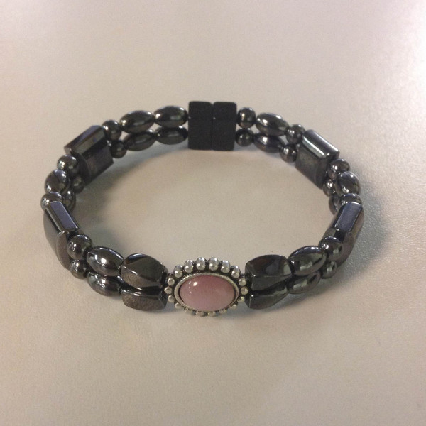 Magnetic Hematite Bracelet: Double Strand–Pink Center Stone