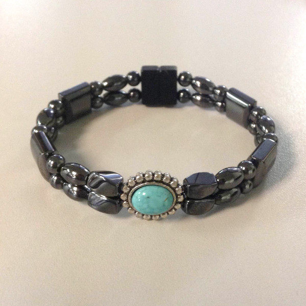 Magnetic Hematite Bracelet: Double Strand–Turquoise Center Stone, Horizontal