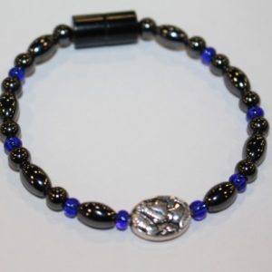 Magnetic Hematite Single Bracelet - Cameo Center Stone, Blue Beads