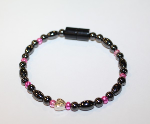 Magnetic Hematite Single Bracelet - Celtic Heart Center Stone, Hot Pink Beads