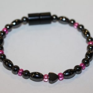 Magnetic Hematite Single Bracelet - Heart Center Stone, Hot Pink Beads