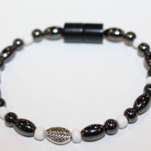 Magnetic Hematite Single Bracelet - Leaf Center Stone, White Beads