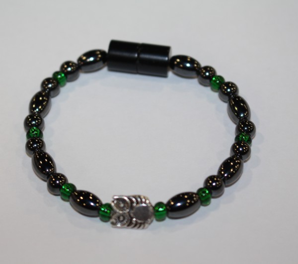 Magnetic Hematite Single Bracelet - Owl Center Stone, Green Beads