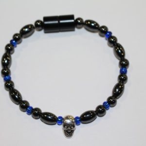 Magnetic Hematite Single Bracelet - Skull Center Stone, Blue Beads
