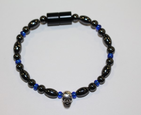 Magnetic Hematite Single Bracelet - Skull Center Stone, Blue Beads