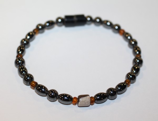 Magnetic Hematite Single Bracelet - Tiger Eye Barrel Center Stone, Brown Beads