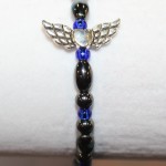 Magnetic Hematite Single Bracelet - Winged Heart Center Stone, Silver, Blue Beads