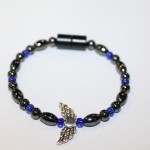 Magnetic Hematite Single Bracelet - Winged Heart Center Stone, Silver, Blue Beads