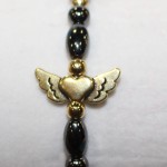 Magnetic Hematite Single Bracelet - Winged Heart Center Stone, Golden, Gold Beads