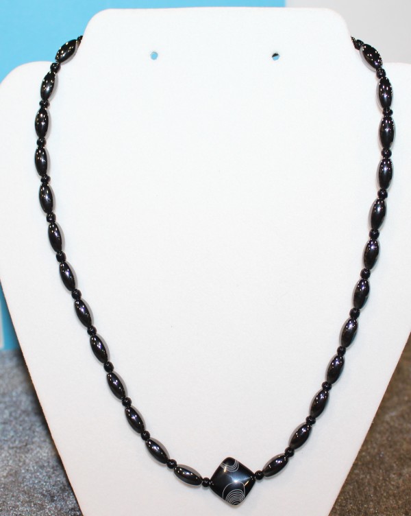 Magnetic Hematite Necklace - Black Diamond Center Stone, Black Beads