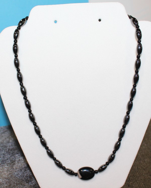 Magnetic Hematite Necklace - Black Oval Center Stone, Black Beads
