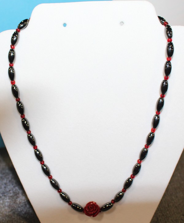 Magnetic Hematite Necklace - Red Rose Center Stone, Red Beads